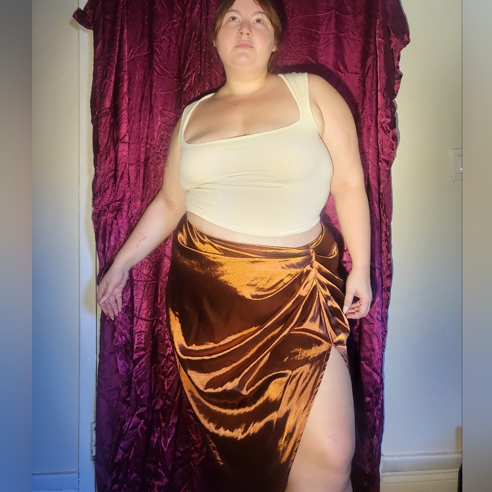 orange satin ruching skirt